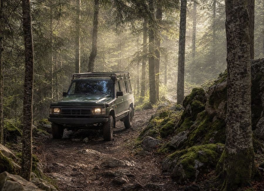 Off-road vehicle on a misty Romanija forest trail