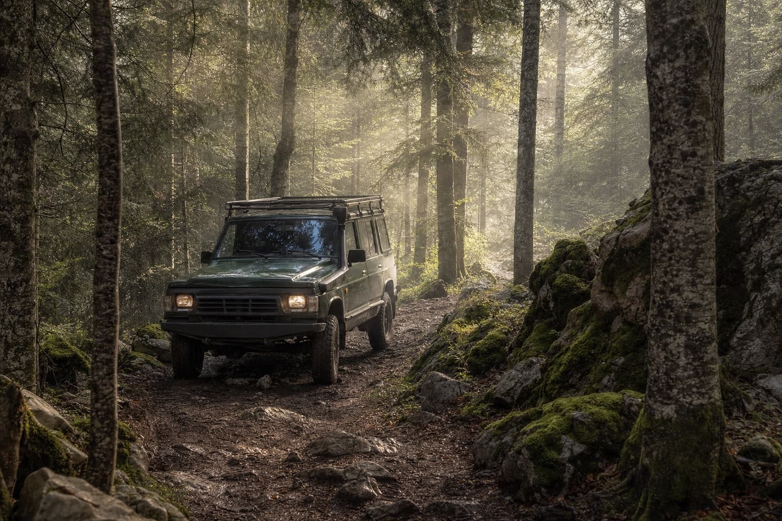 Off-road vehicle on a misty Romanija forest trail