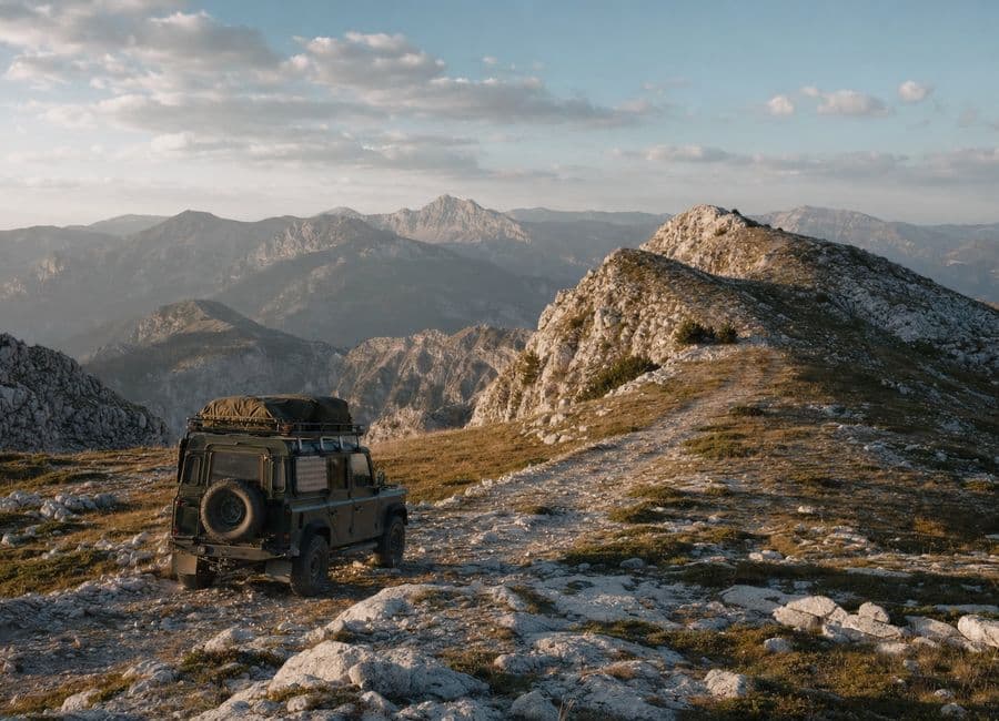 Expedition vehicle crossing a limestone ridge in the Dinaric Alps