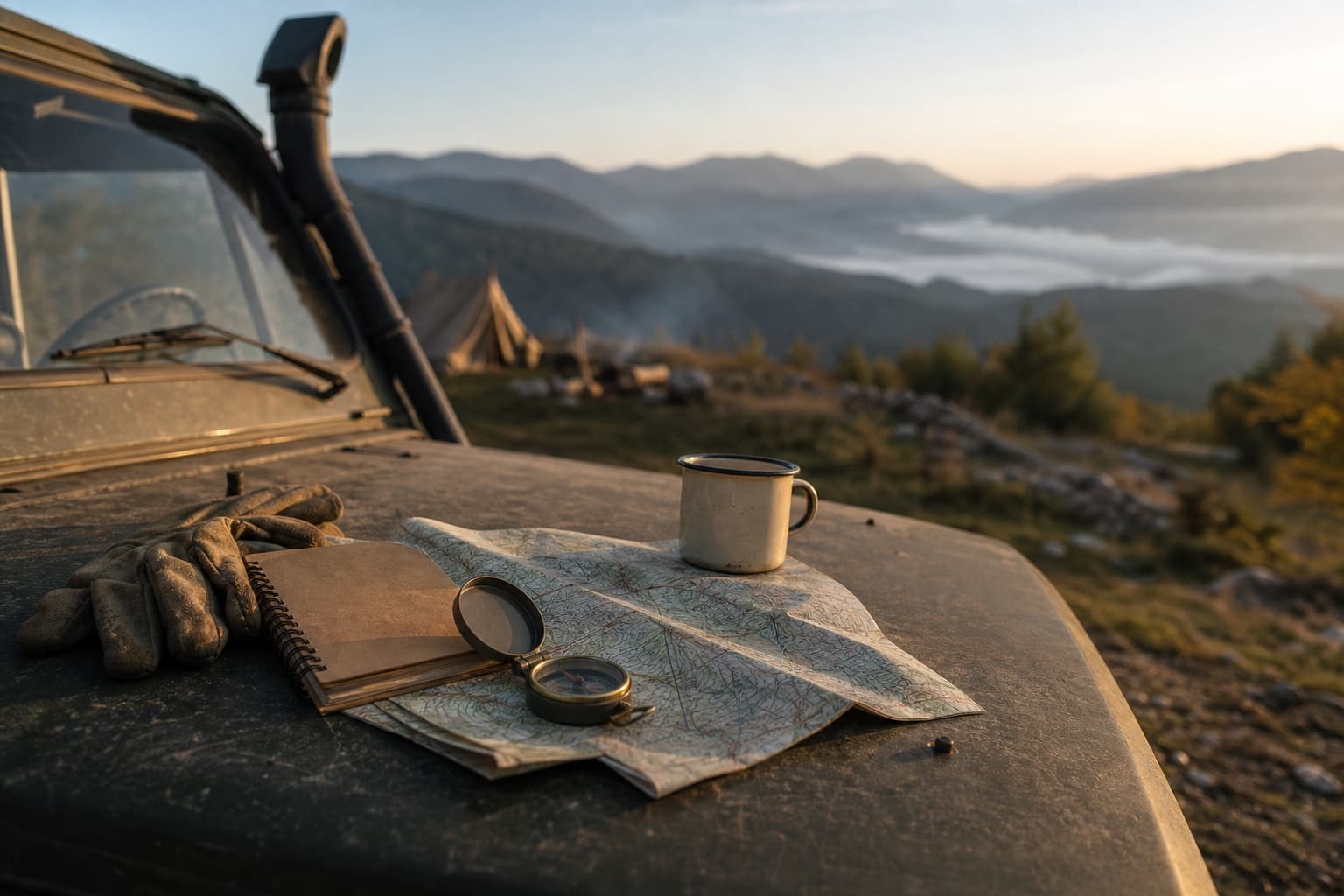 Map, compass and field notebook prepared on an expedition vehicle