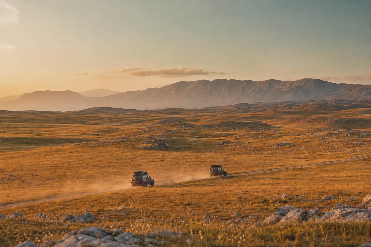 Two expedition vehicles crossing the open Livno plateau