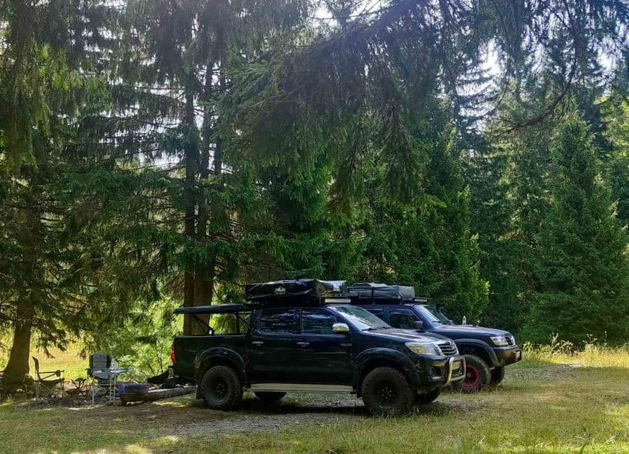 Two 4x4 pickups with roof tents and camp chairs set up in a spruce forest clearing