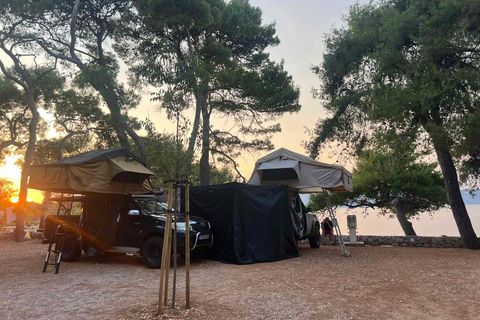 Two pickups with roof tents pitched under pines at a seaside campsite at sunset